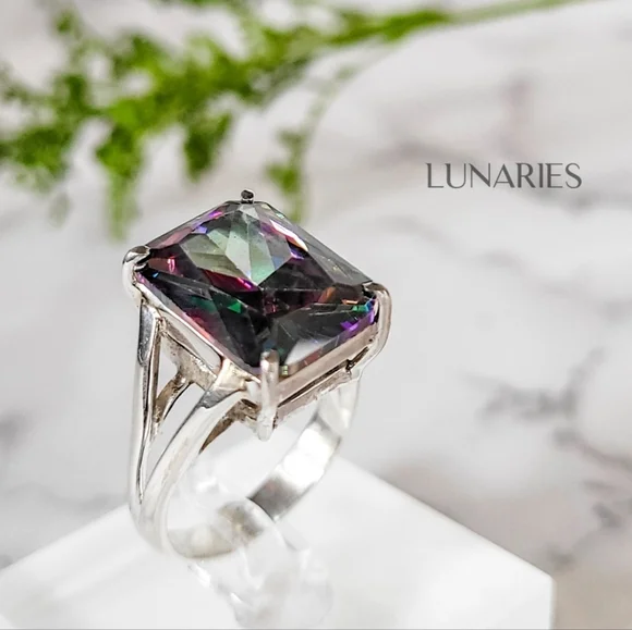 Rainbow Mystic Topaz Ring, 925 Sterling Silver, Emerald-Cut Size 9 - Picture 3 of 10